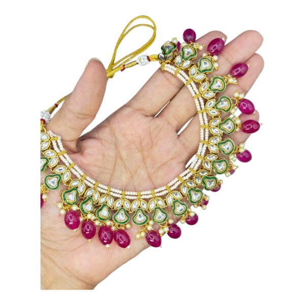 Kundan Necklace Set- Maroon Beads Hangings-Jhumkas- With Maati, Product Code: V-2473 - Image 2