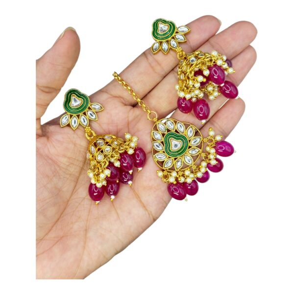 Kundan Necklace Set- Maroon Beads Hangings-Jhumkas- With Maati, Product Code: V-2473 - Image 3