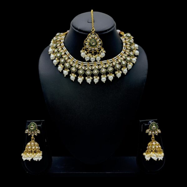 Kundan Necklace Set- White Beads Hangings-Jhumkas- With Maati, Product Code: V-2474