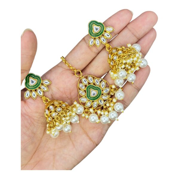 Kundan Necklace Set- White Beads Hangings-Jhumkas- With Maati, Product Code: V-2474 - Image 3