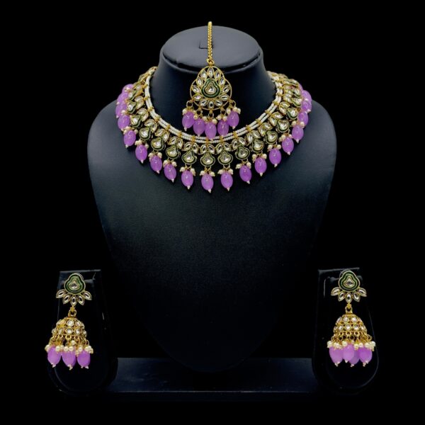 Kundan Necklace Set- Violet Beads Hangings-Jhumkas- With Maati, Product Code: V-2475