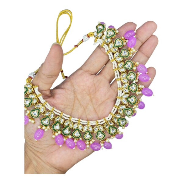 Kundan Necklace Set- Violet Beads Hangings-Jhumkas- With Maati, Product Code: V-2475 - Image 2