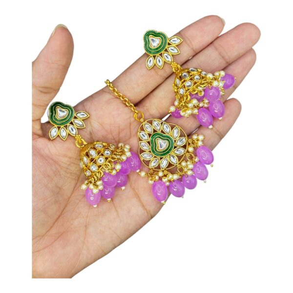 Kundan Necklace Set- Violet Beads Hangings-Jhumkas- With Maati, Product Code: V-2475 - Image 3