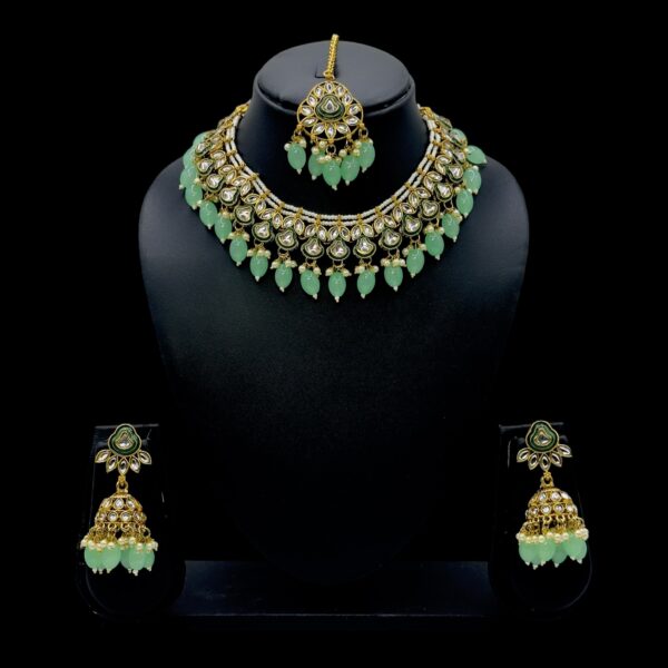 Kundan Necklace Set- Mint Beads Hangings-Jhumkas- With Maati, Product Code: V-2476