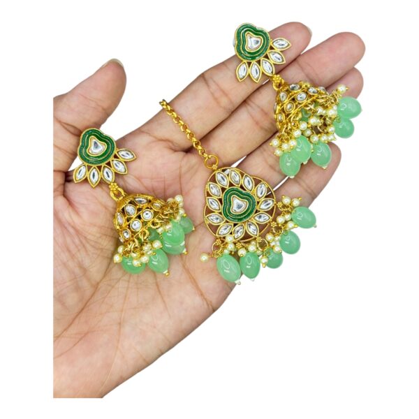 Kundan Necklace Set- Mint Beads Hangings-Jhumkas- With Maati, Product Code: V-2476 - Image 3