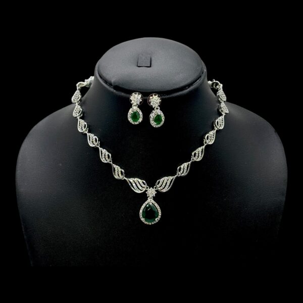 Premium AD Necklace- Unique Design Necklace- Green Color & AD Stones- Studs, Product Code: V-1589