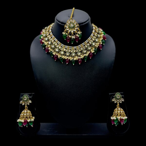 Kundan Necklace Set- Maroon And Green Beads Hangings-Jhumkas- With Maati, Product Code: V-2477