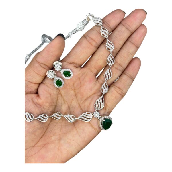 Premium AD Necklace- Unique Design Necklace- Green Color & AD Stones- Studs, Product Code: V-1589 - Image 2