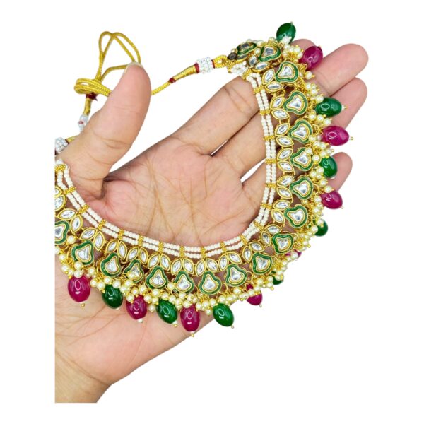 Kundan Necklace Set- Maroon And Green Beads Hangings-Jhumkas- With Maati, Product Code: V-2477 - Image 2