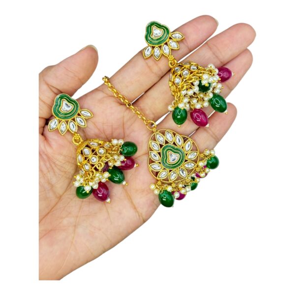 Kundan Necklace Set- Maroon And Green Beads Hangings-Jhumkas- With Maati, Product Code: V-2477 - Image 3