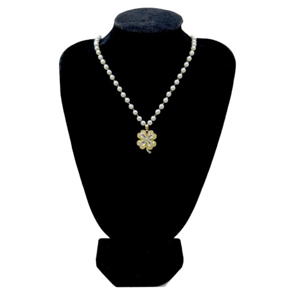 Stainless Steel Leaf Clover Pendent Pearl Chain Necklace, Product Code: D-5159 - Image 2