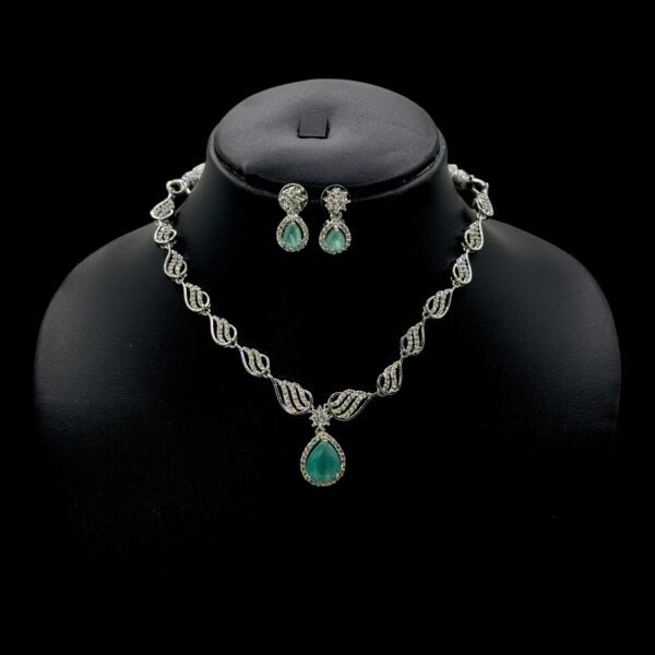 Premium AD Necklace- Unique Design Necklace- Mint & AD Stones- Studs, Product Code: V-1590