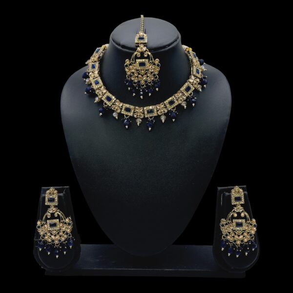 Mehandi Necklace Set- Blue Color- Hanging Earrings- With Maati, Product Code: V-2478