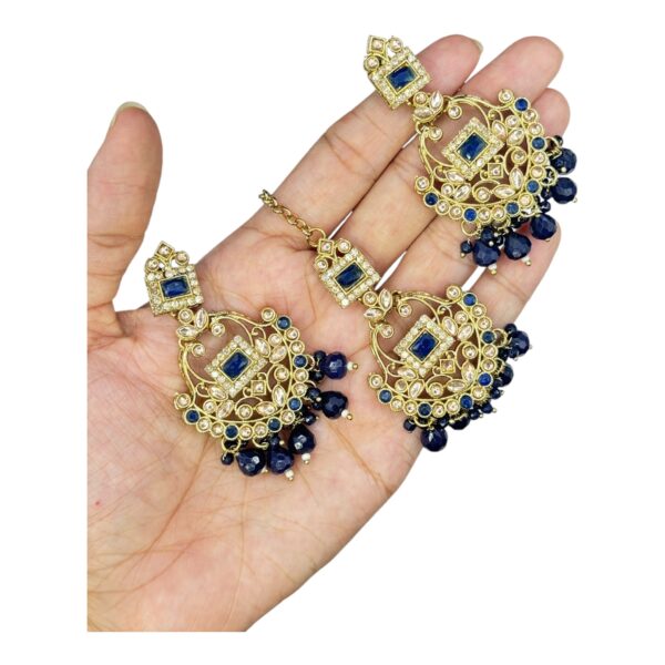 Mehandi Necklace Set- Blue Color- Hanging Earrings- With Maati, Product Code: V-2478 - Image 3