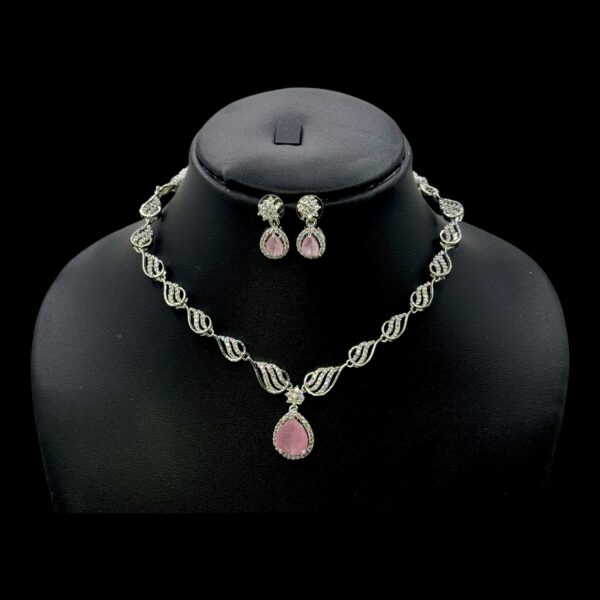 Premium AD Necklace- Unique Design Necklace- Baby Pink & AD Stones- Studs, Product Code: V-1591