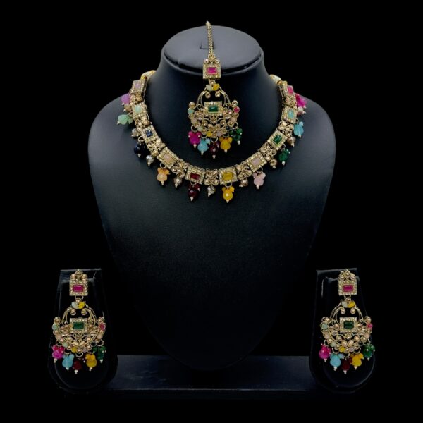 Mehandi Necklace Set- Multi Color- Hanging Earrings- With Maati, Product Code: V-2479