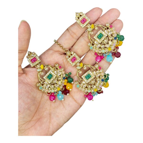 Mehandi Necklace Set- Multi Color- Hanging Earrings- With Maati, Product Code: V-2479 - Image 3