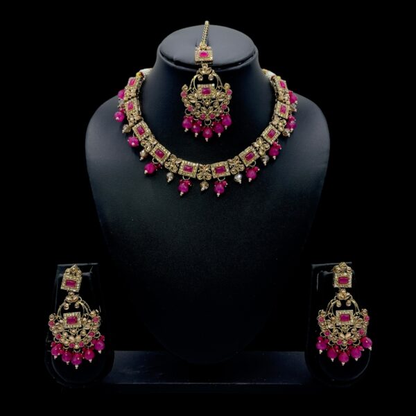 Mehandi Necklace Set- Pink Color- Hanging Earrings- With Maati, Product Code: V-2480