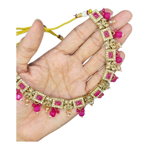 Mehandi Necklace Set- Pink Color- Hanging Earrings- With Maati, Product Code: V-2480 - Image 2