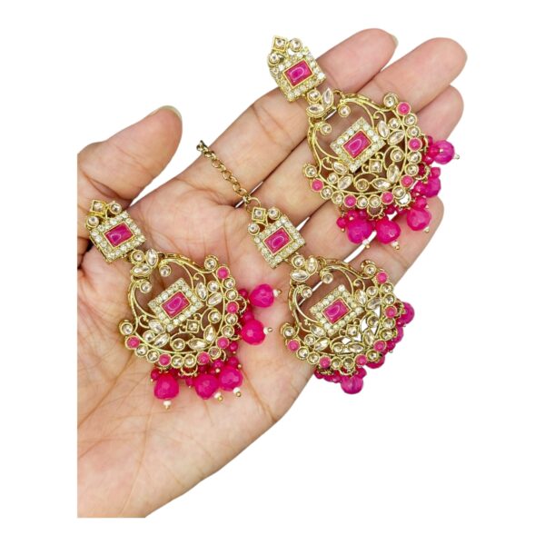 Mehandi Necklace Set- Pink Color- Hanging Earrings- With Maati, Product Code: V-2480 - Image 3