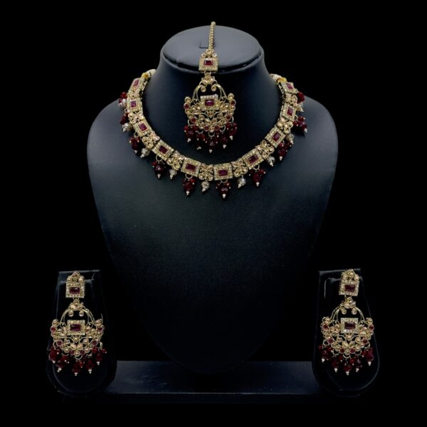 Mehandi Necklace Set- Maroon Color- Hanging Earrings- With Maati, Product Code: V-2481