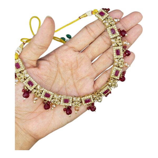 Mehandi Necklace Set- Maroon Color- Hanging Earrings- With Maati, Product Code: V-2481 - Image 2