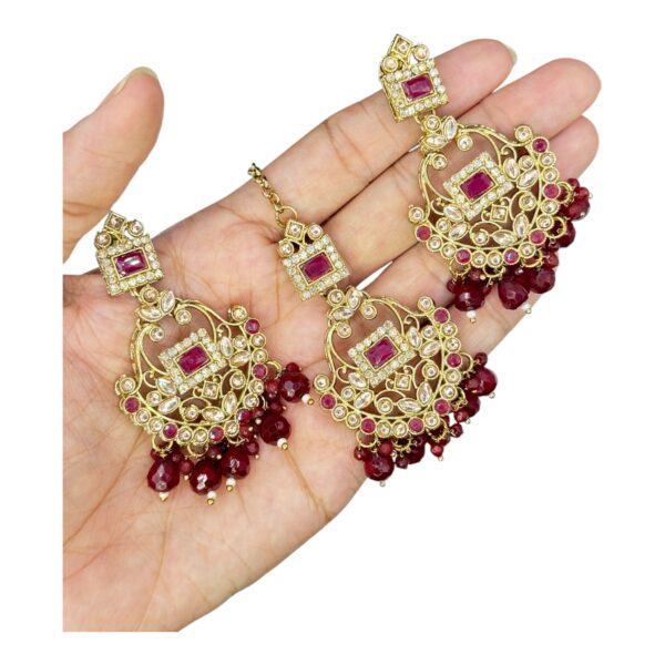 Mehandi Necklace Set- Maroon Color- Hanging Earrings- With Maati, Product Code: V-2481 - Image 3