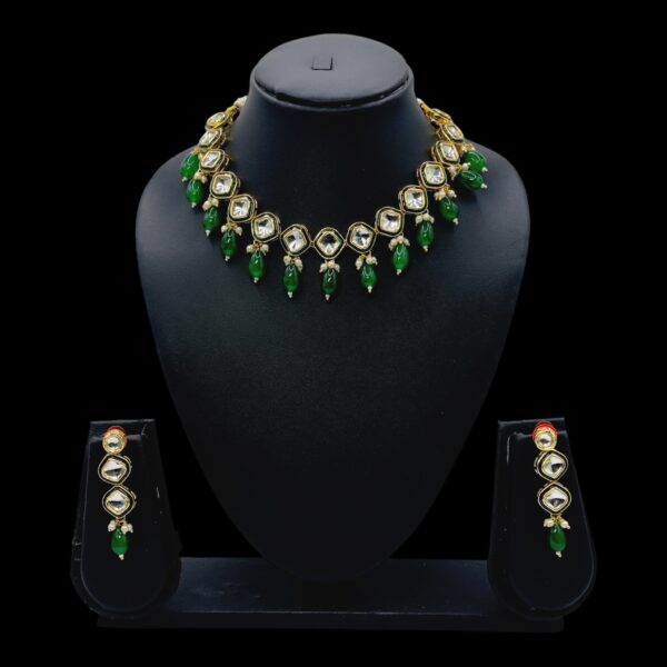 Kundan Necklace Set- Green Color Beads Hangings- Hanging Earrings, Product Code: V-2482