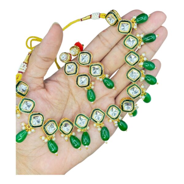 Kundan Necklace Set- Green Color Beads Hangings- Hanging Earrings, Product Code: V-2482 - Image 2