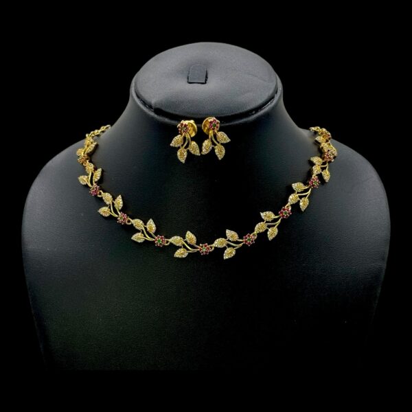 Premium AD Necklace- Leaf Design Necklace- Ruby, Green & AD Stones- Studs, Product Code: V-1595