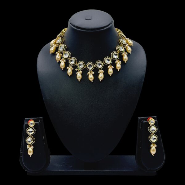 Kundan Necklace Set- Gold Color Beads Hangings- Hanging Earrings, Product Code: V-2483