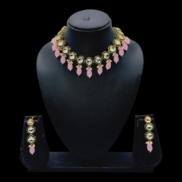 Kundan Necklace Set- Dark Pink Color Beads Hangings- Hanging Earrings, Product Code: V-2484