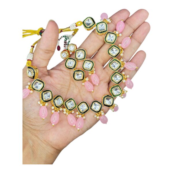 Kundan Necklace Set- Dark Pink Color Beads Hangings- Hanging Earrings, Product Code: V-2484 - Image 2