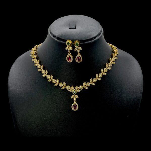 Premium AD Necklace- Leaf Design Necklace- Ruby, Green & AD Stones- Studs, Product Code: V-1597