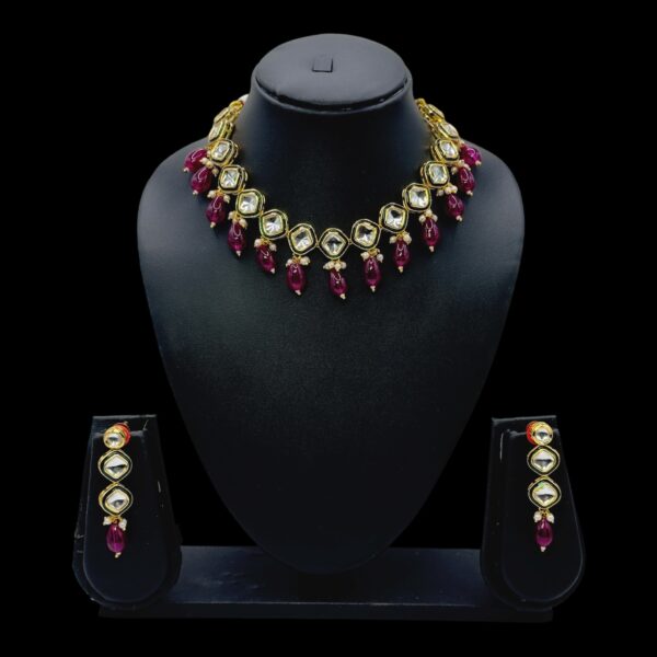 Kundan Necklace Set- Light Pink Color Beads Hangings- Hanging Earrings, Product Code: V-2485