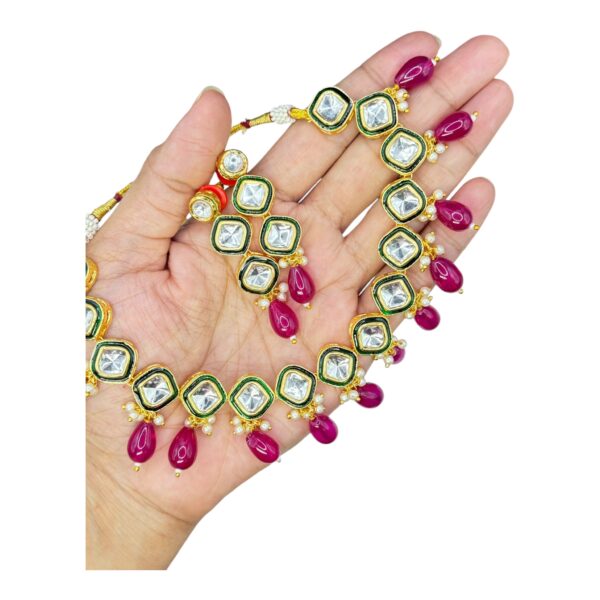 Kundan Necklace Set- Light Pink Color Beads Hangings- Hanging Earrings, Product Code: V-2485 - Image 2