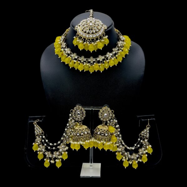 Kundan Choker Necklace- Yellow Color- Jhumka With Extension- With Maati, Product Code: V-2486