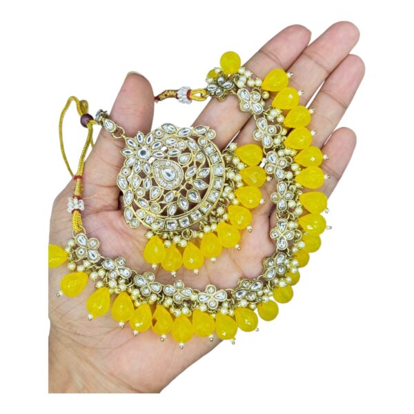 Kundan Choker Necklace- Yellow Color- Jhumka With Extension- With Maati, Product Code: V-2486 - Image 2