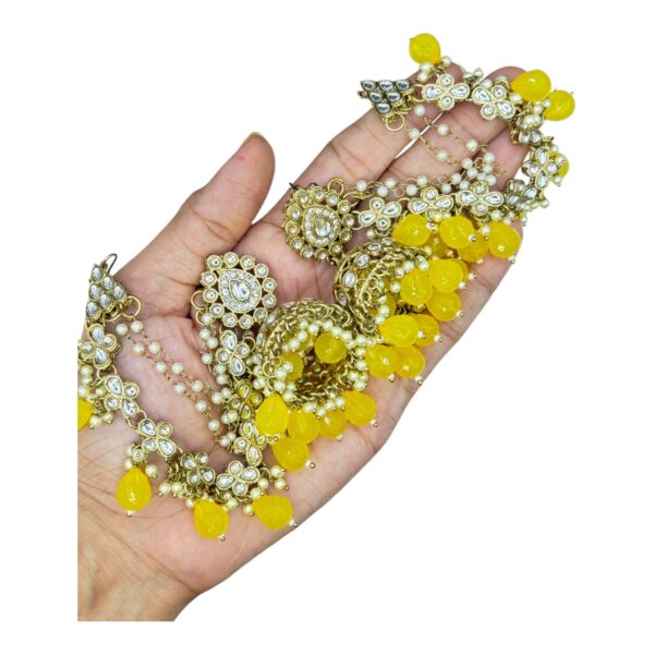 Kundan Choker Necklace- Yellow Color- Jhumka With Extension- With Maati, Product Code: V-2486 - Image 3