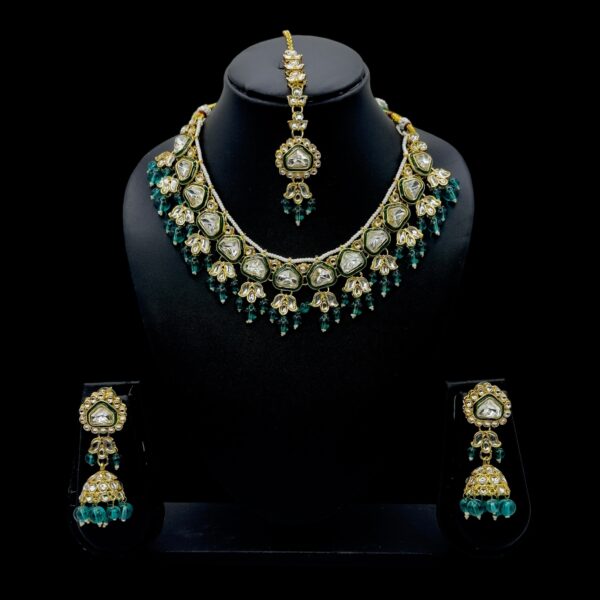 Kundan Necklace- Peacock Blue Color- Jhumka- With Maati, Product Code: V-2487