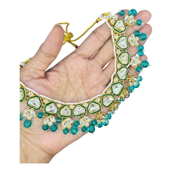 Kundan Necklace- Peacock Blue Color- Jhumka- With Maati, Product Code: V-2487 - Image 2