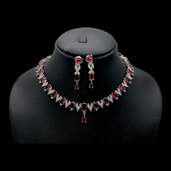 Premium AD Necklace- Rectangle Design Necklace- Ruby Color & AD Stones- Studs, Product Code: V-1600