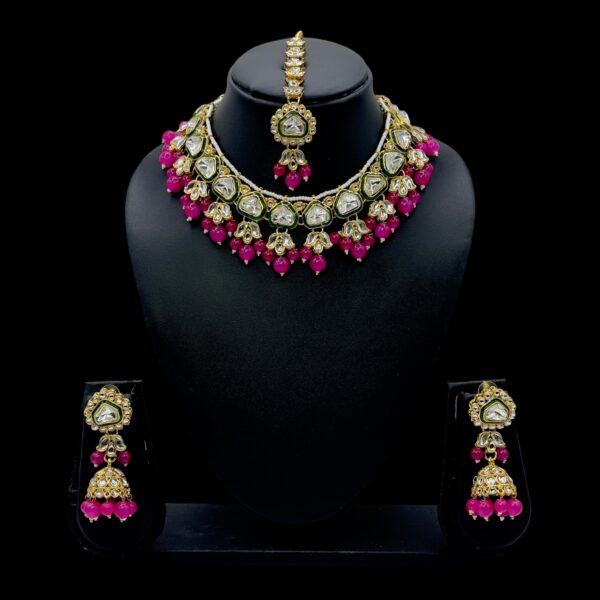 Kundan Necklace- Pink Color- Jhumka- With Maati, Product Code: V-2488