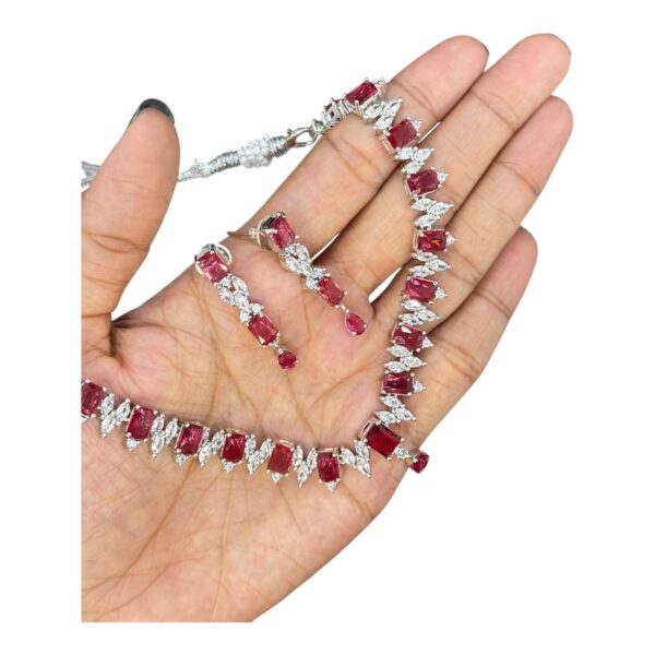 Premium AD Necklace- Rectangle Design Necklace- Ruby Color & AD Stones- Studs, Product Code: V-1600 - Image 2