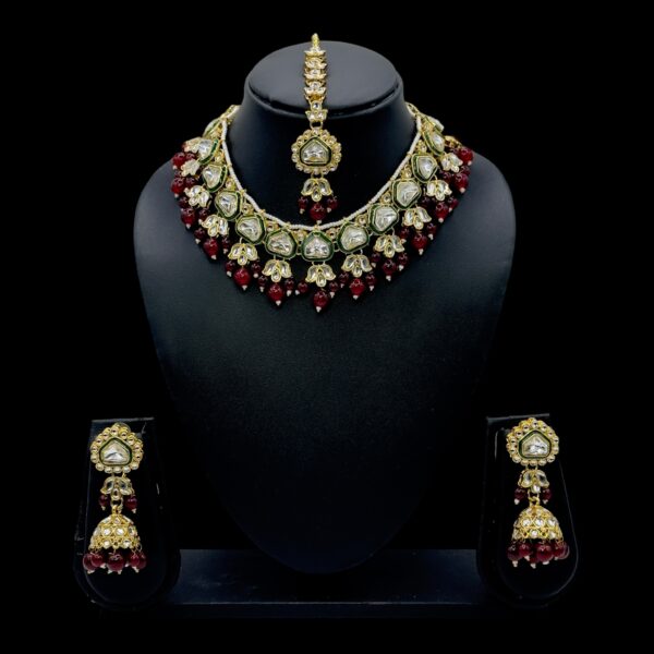 Kundan Necklace- Maroon Color- Jhumka- With Maati, Product Code: V-2489