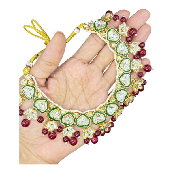 Kundan Necklace- Maroon Color- Jhumka- With Maati, Product Code: V-2489 - Image 2