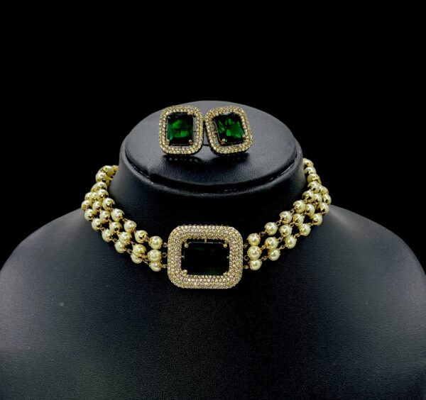 Premium AD Choker- Pearl Necklace- Green Color & AD Stones- Studs, Product Code: V-1602