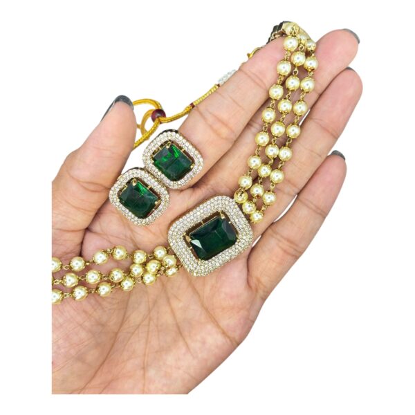 Premium AD Choker- Pearl Necklace- Green Color & AD Stones- Studs, Product Code: V-1602 - Image 2