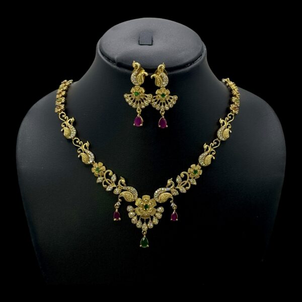 Premium AD Necklace- Peacock Design Necklace- Ruby, Green Color & AD Stones- Studs, Product Code: V-1605