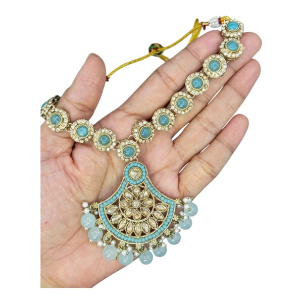 Mehandi Necklace- Light Blue Color- Jhumka- With Maati, Product Code: V-2493 - Image 2